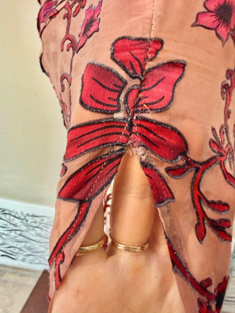 For Love & Lemons Sheer Mauve Chiffon Dress w/ Red & Pink Floral Print, Maxi, S - Picture 10 of 16
